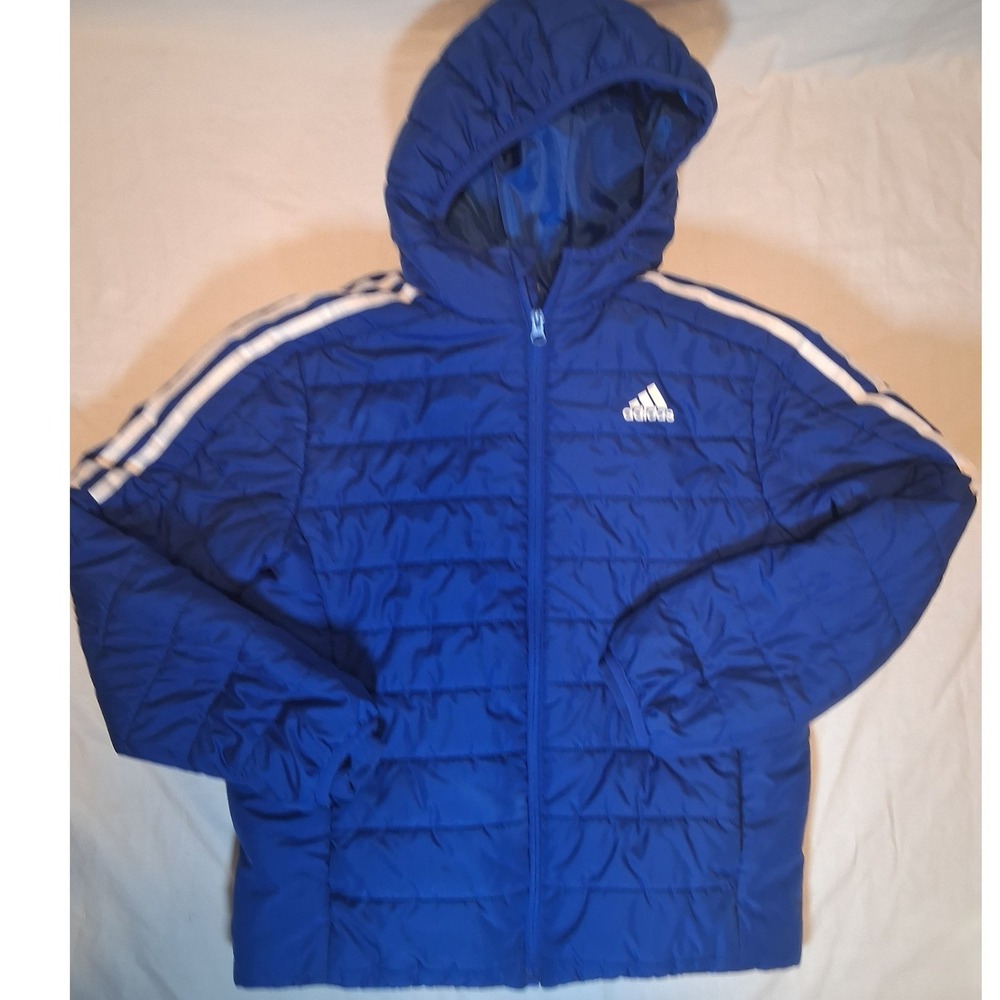 Adidas Kids Blue Puffer Jacket Hooded 3-Stripe Insulated Coat Size M 10/12